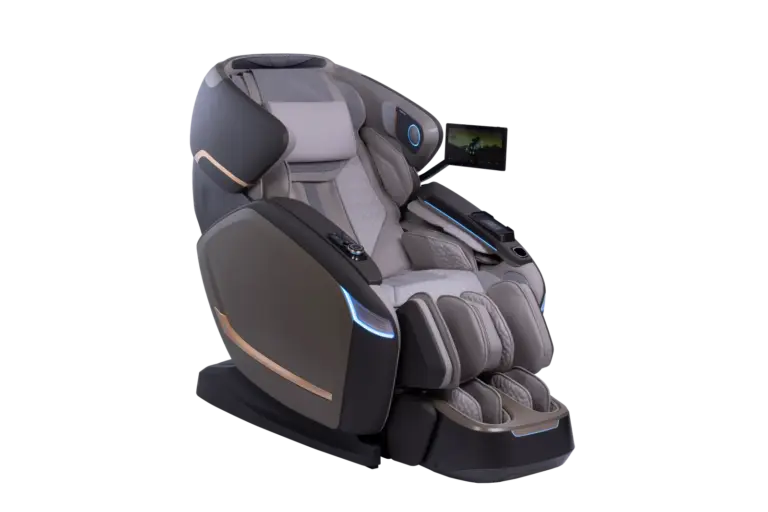 Biovis massage chair, front three-quarter view with the touchscreen
